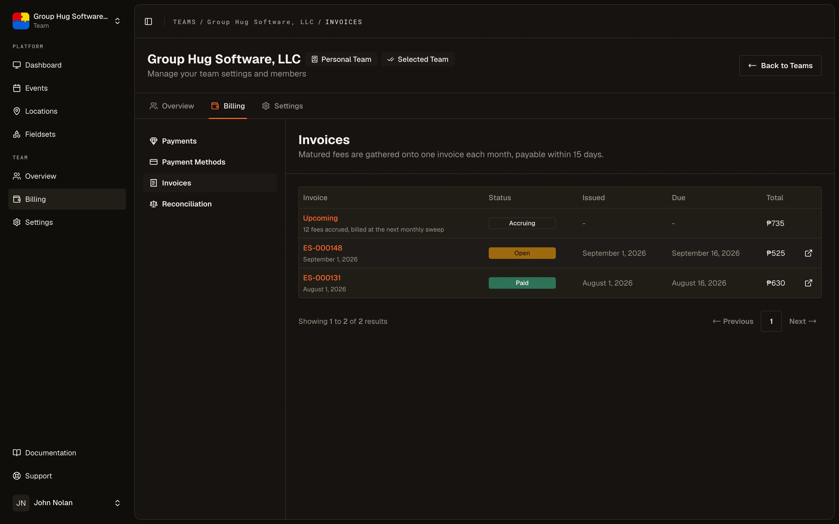 The invoices list