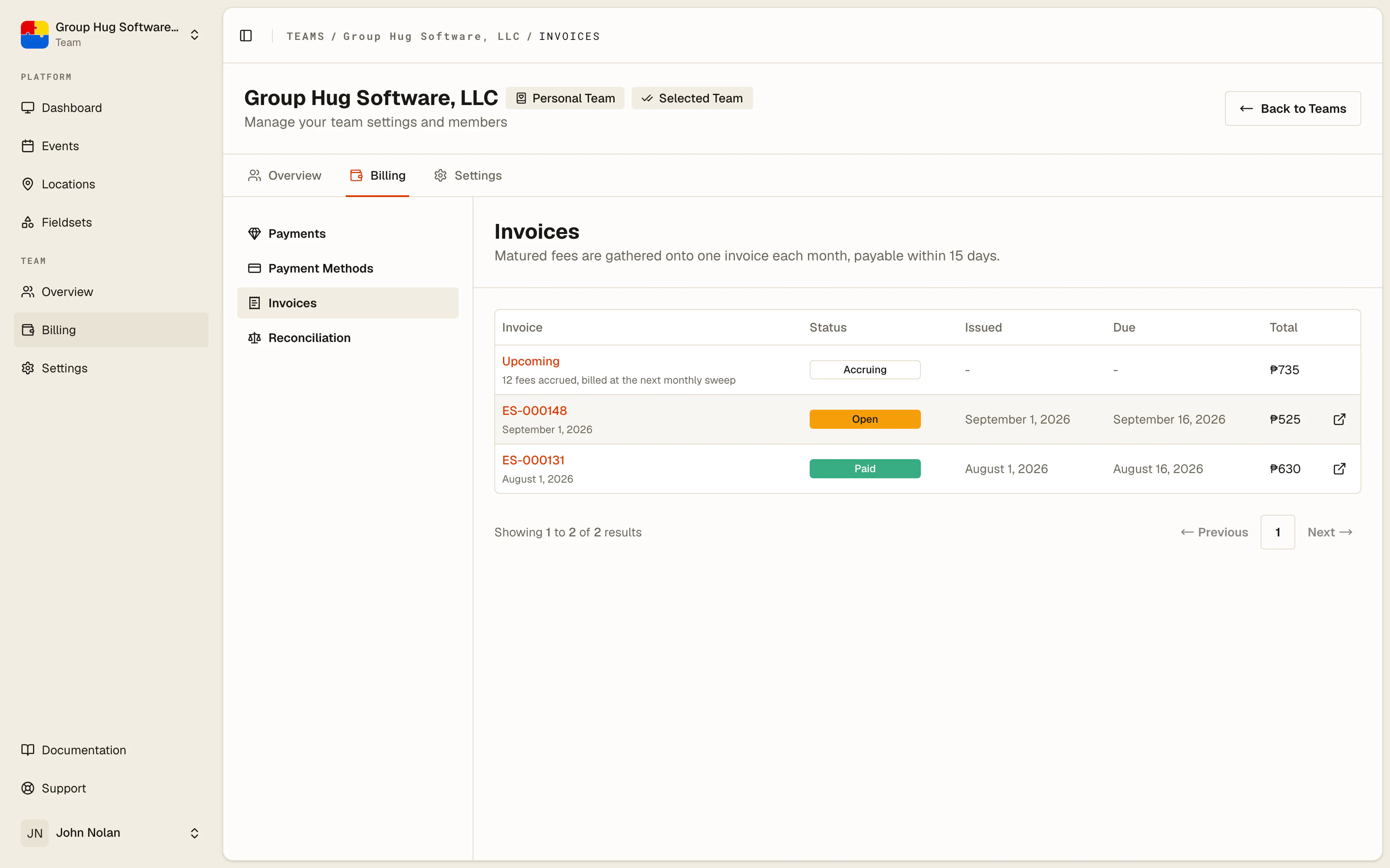 The invoices list