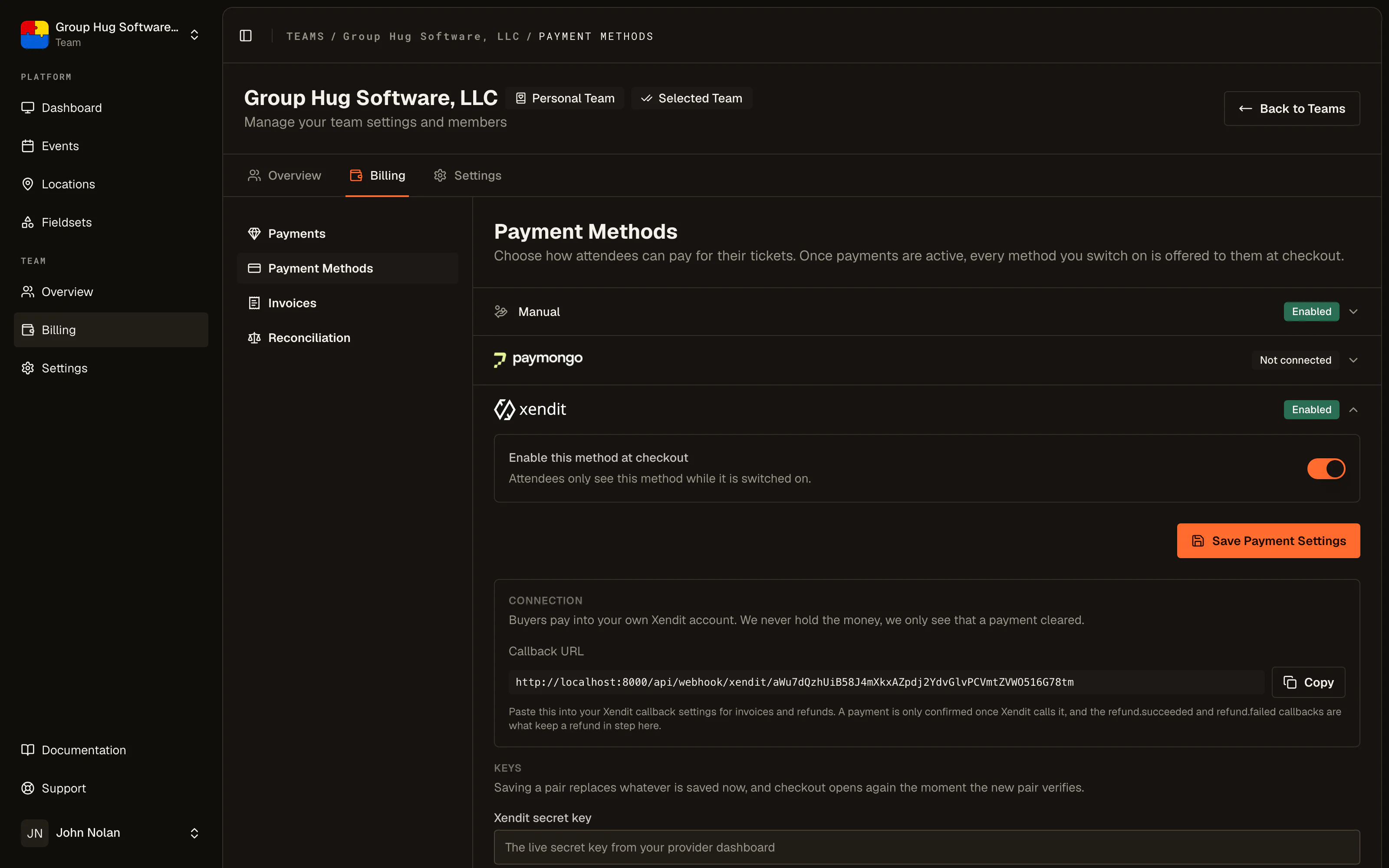 The payment methods list with a connected gateway