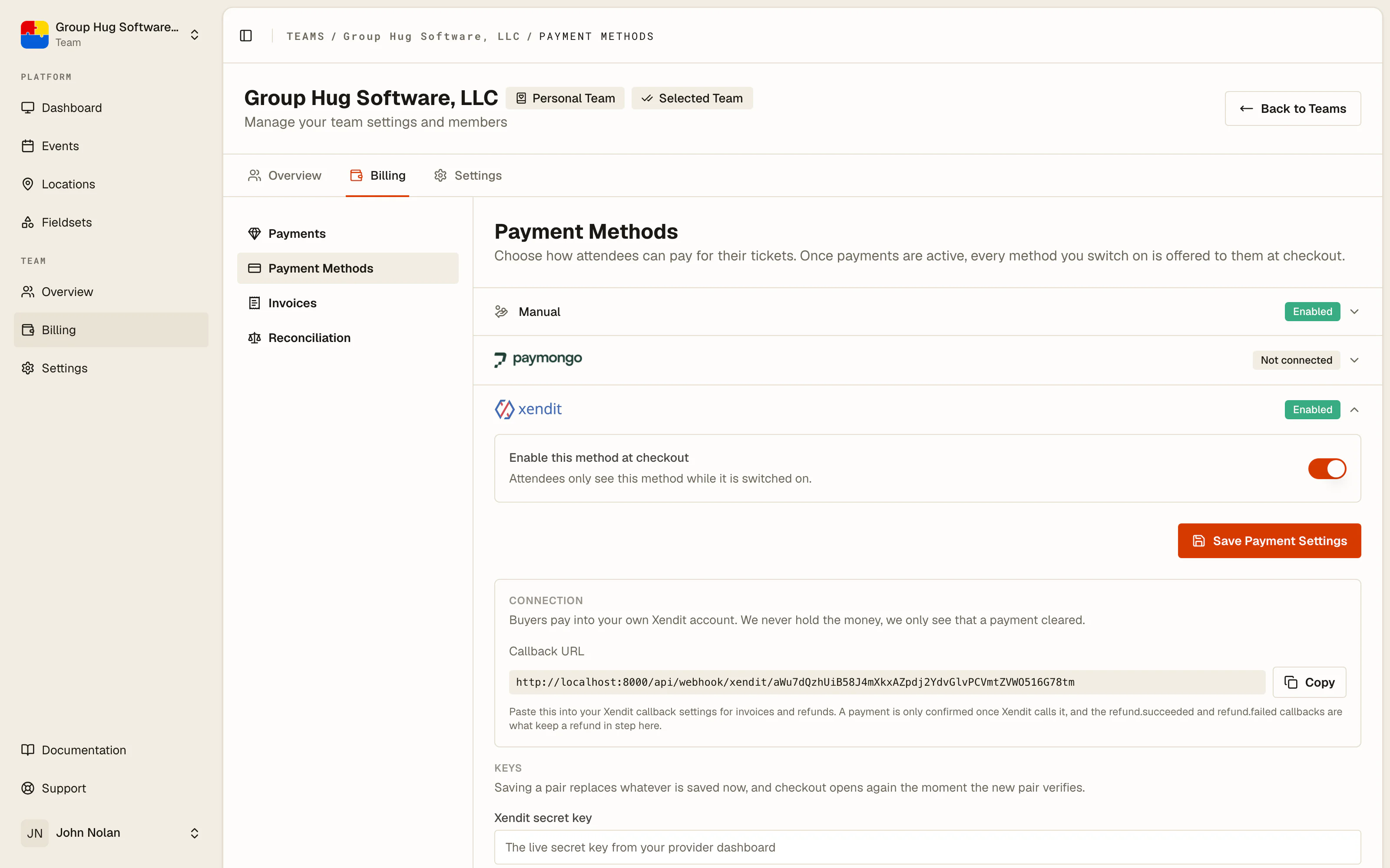 The payment methods list with a connected gateway
