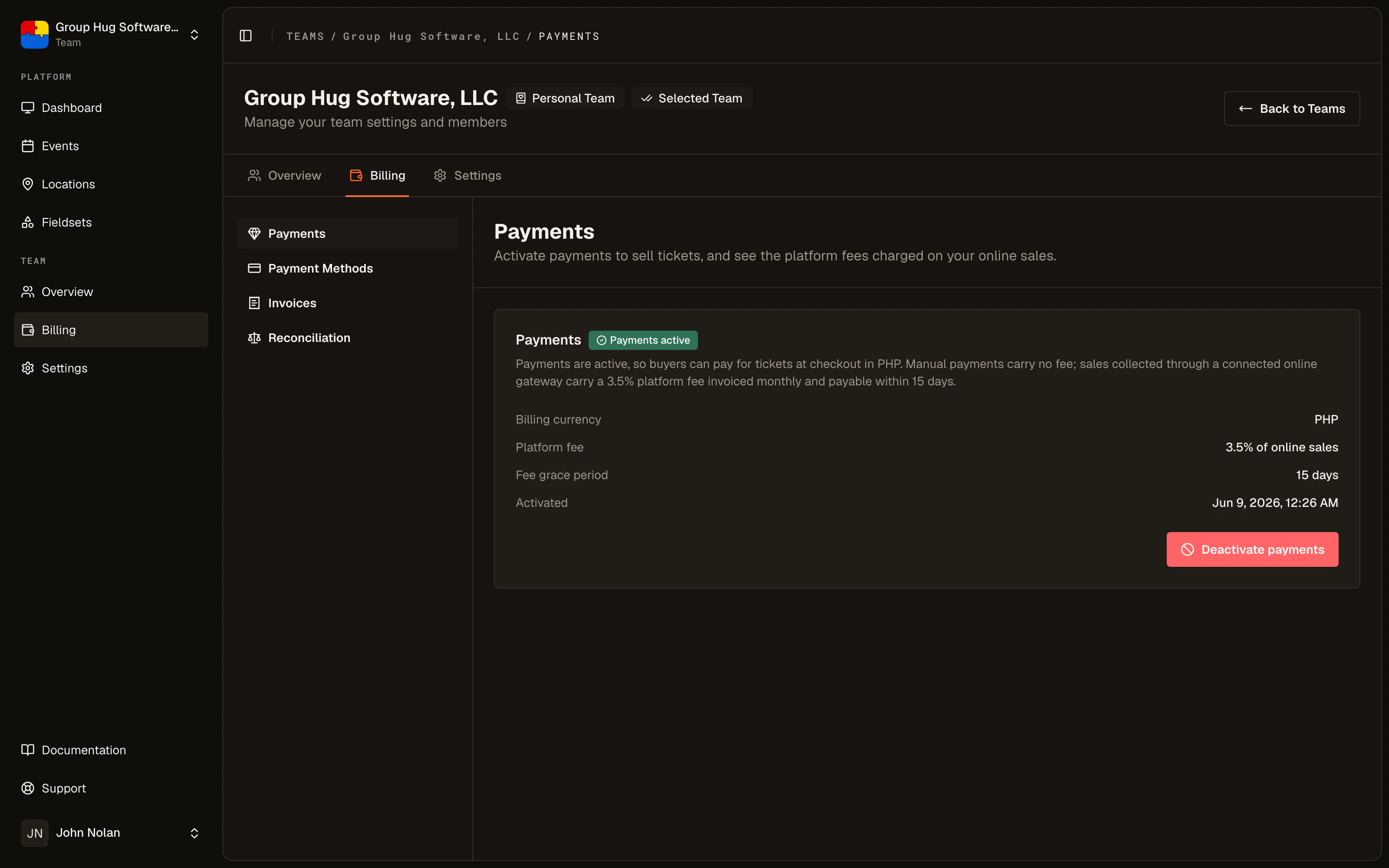 The Payments page in Team settings