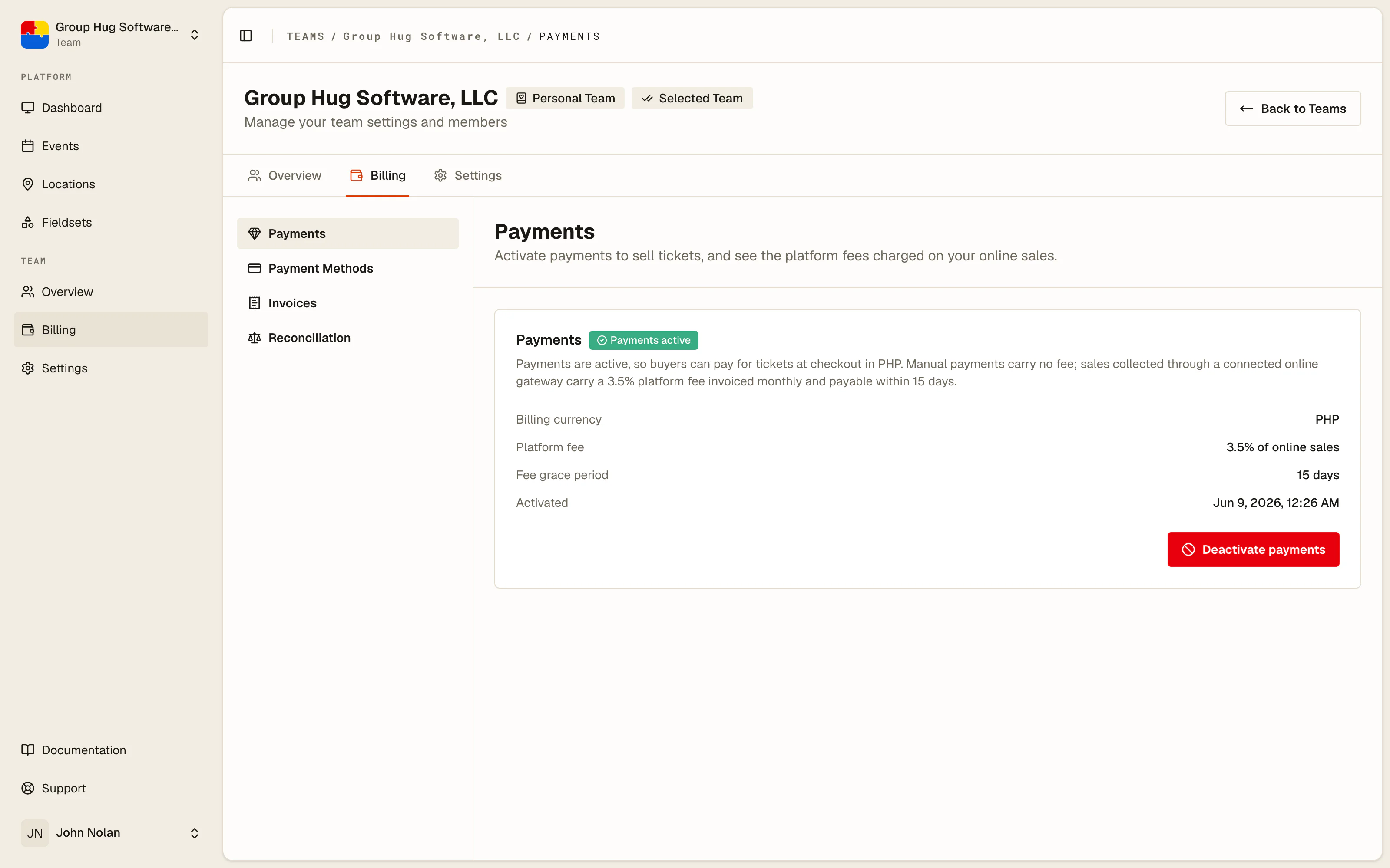 The Payments page in Team settings