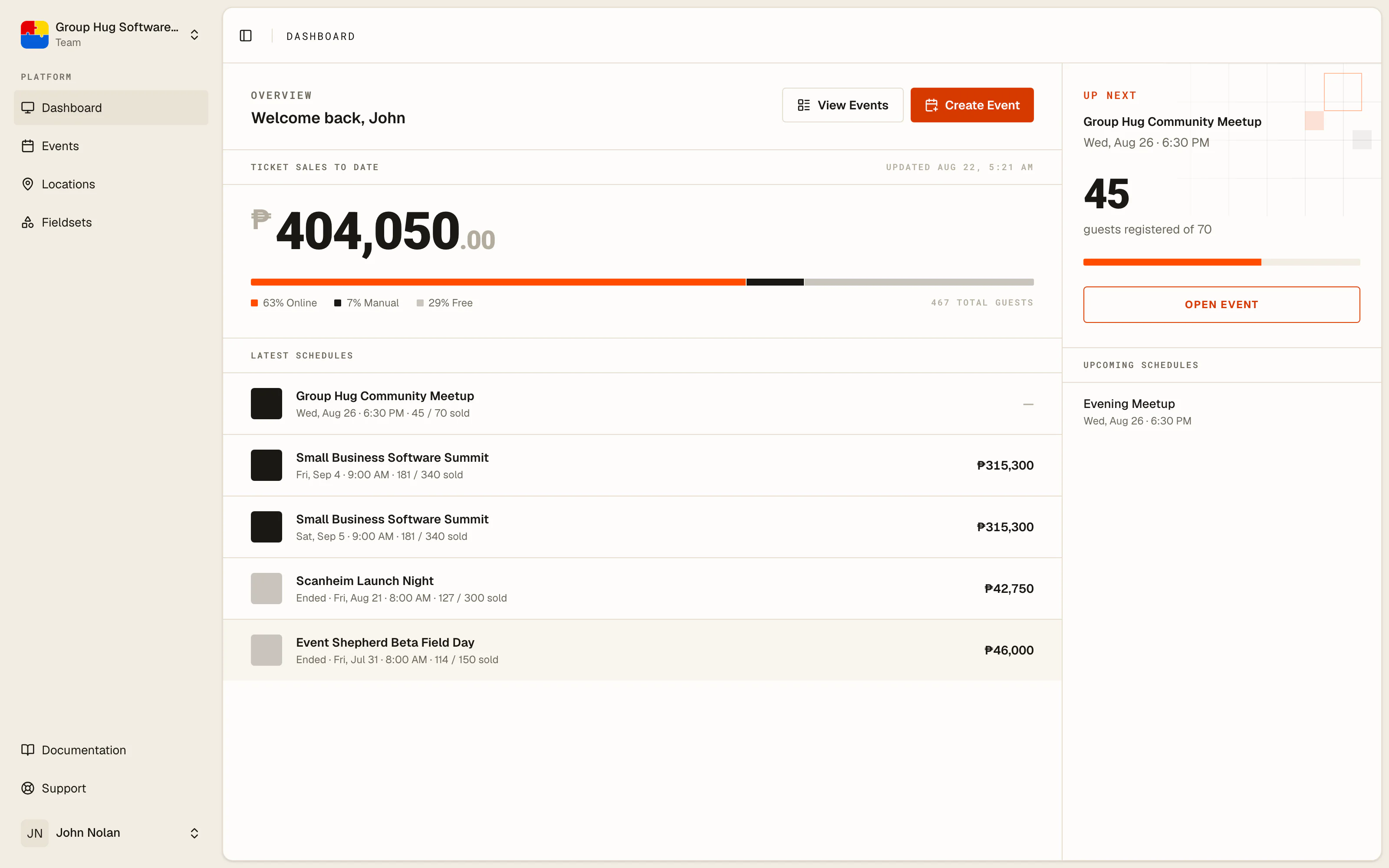 The Event Shepherd dashboard with live ticket sales, upcoming schedules, and door activity