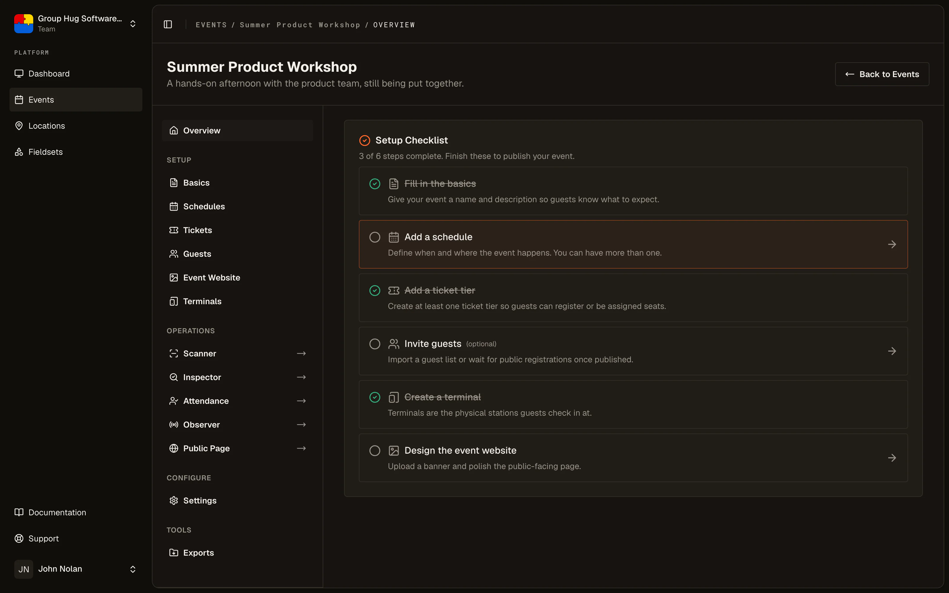 The event overview of a new event, showing the setup checklist