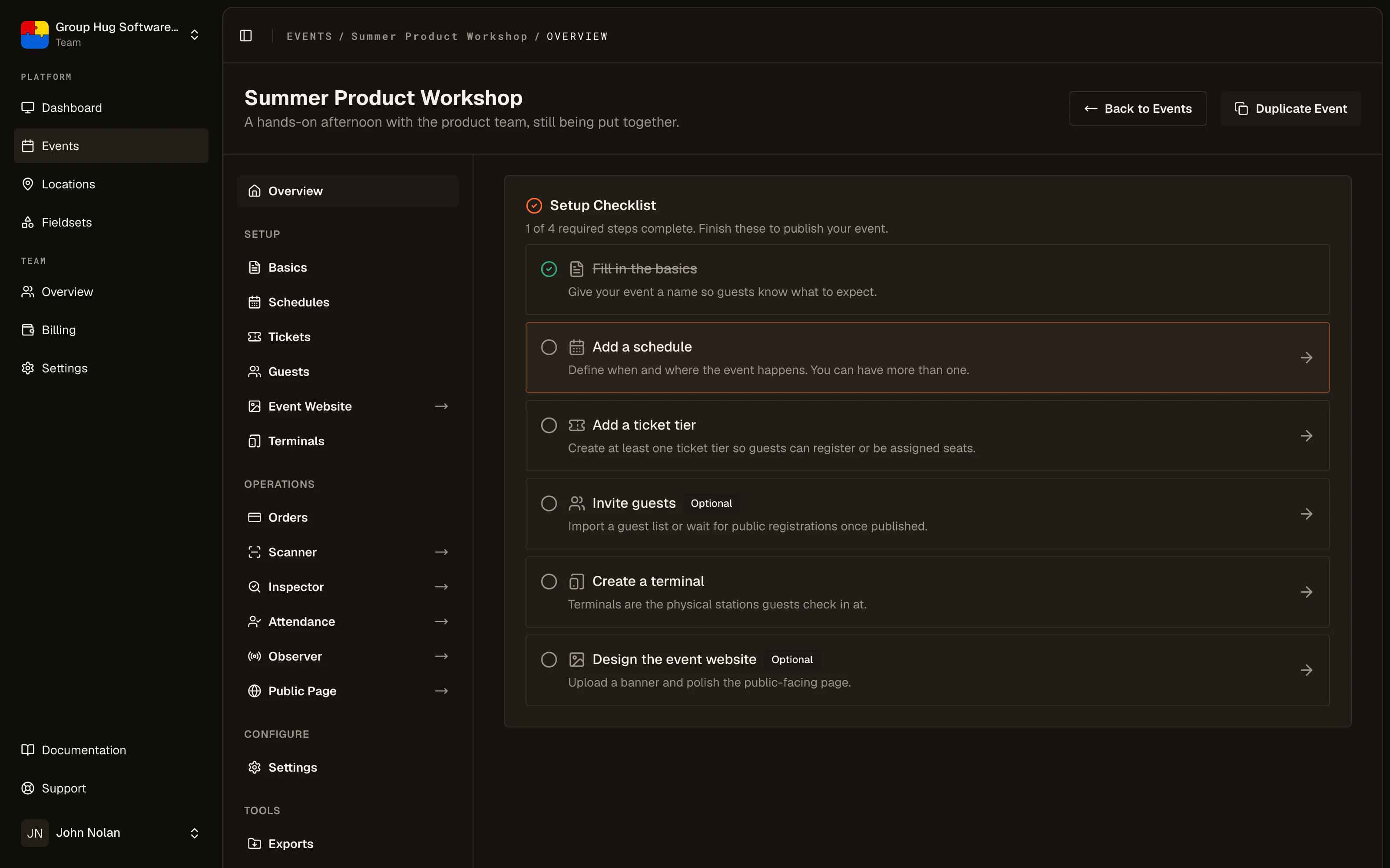 The event overview of a new event, showing the setup checklist