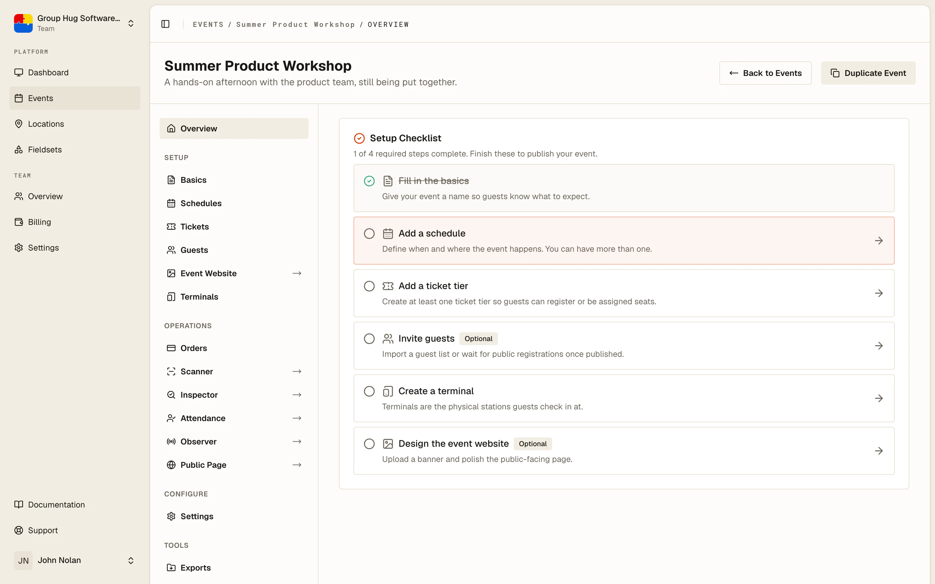 The event overview of a new event, showing the setup checklist