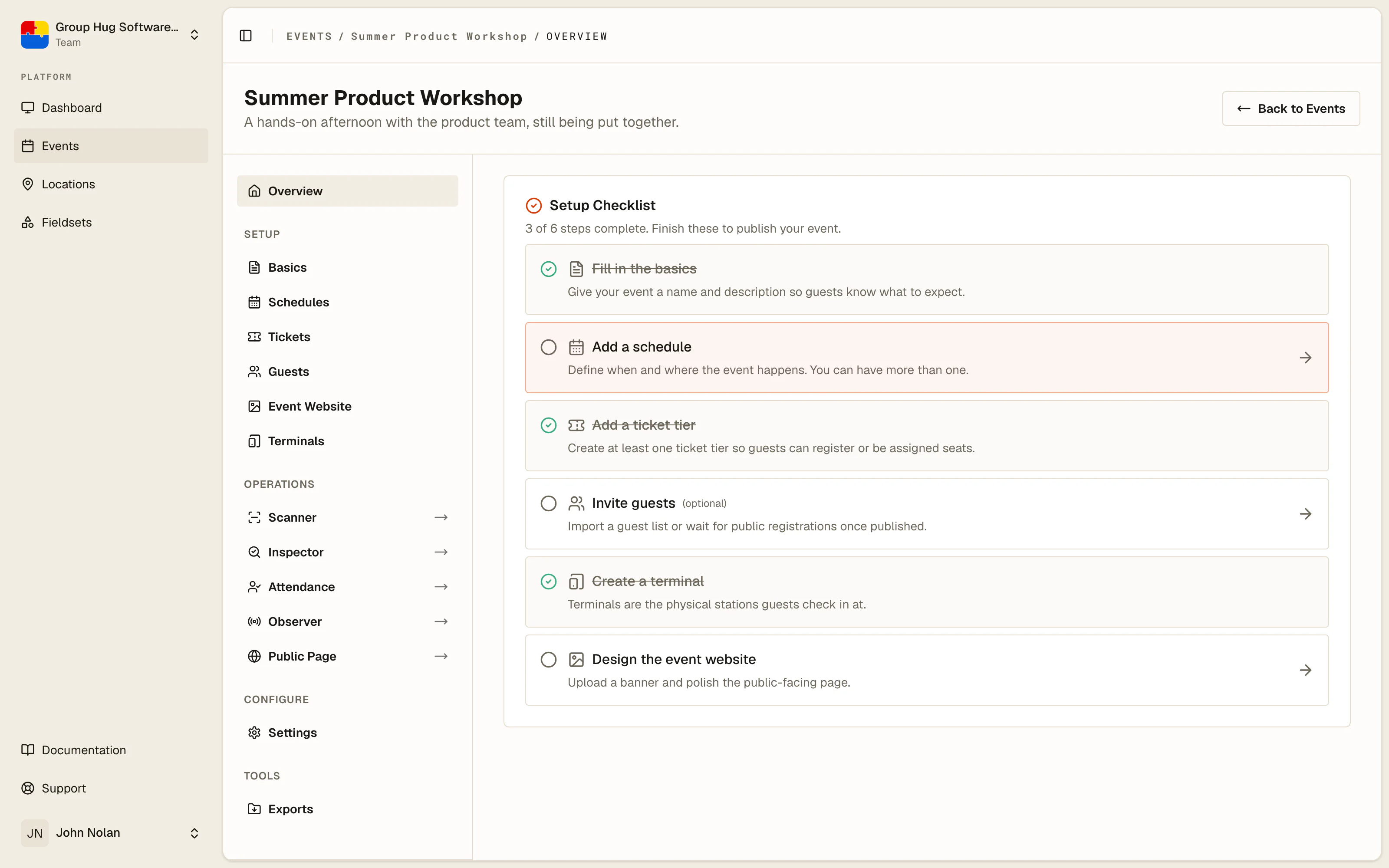 The event overview of a new event, showing the setup checklist