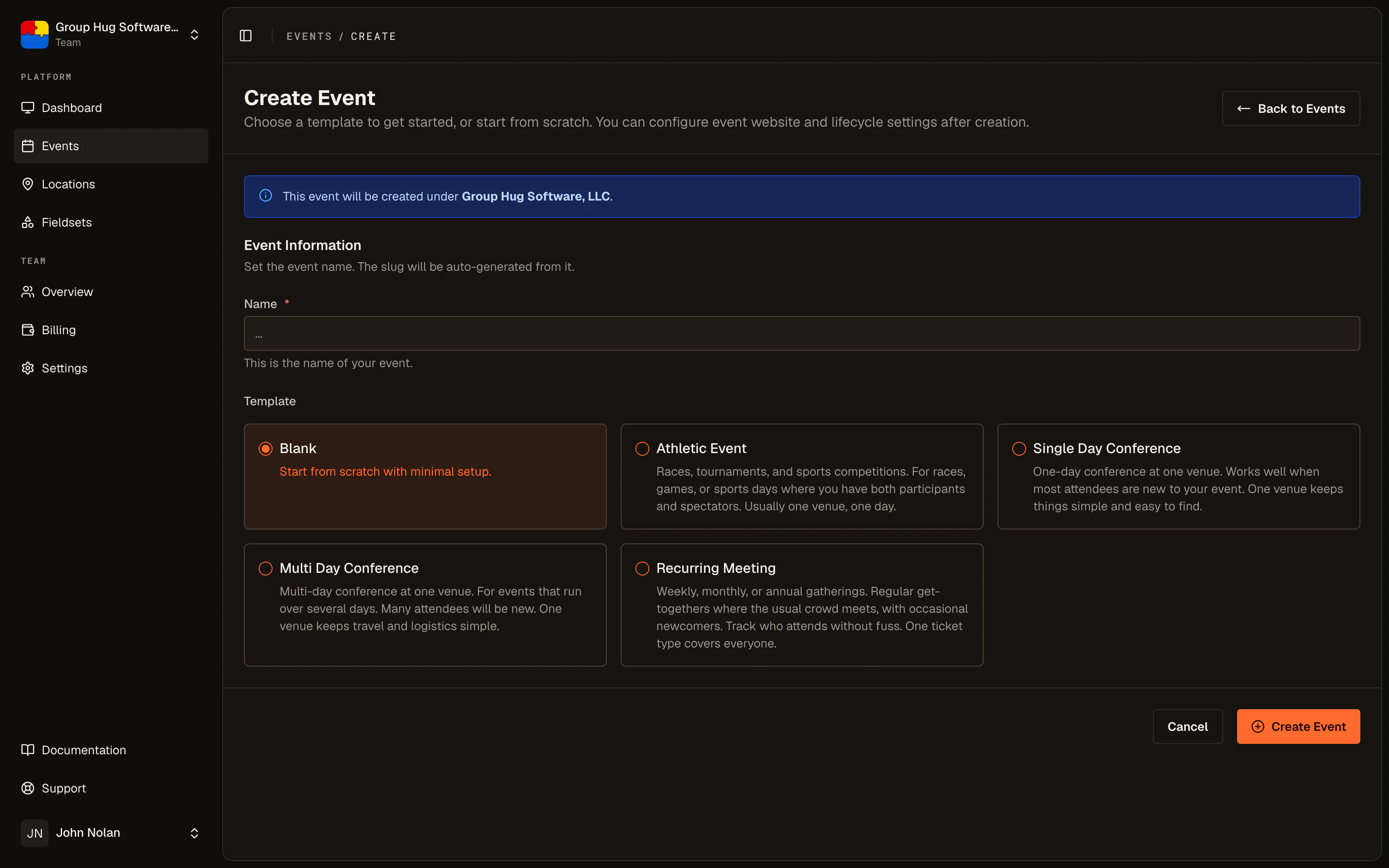 The create event form, showing the name field and the template picker