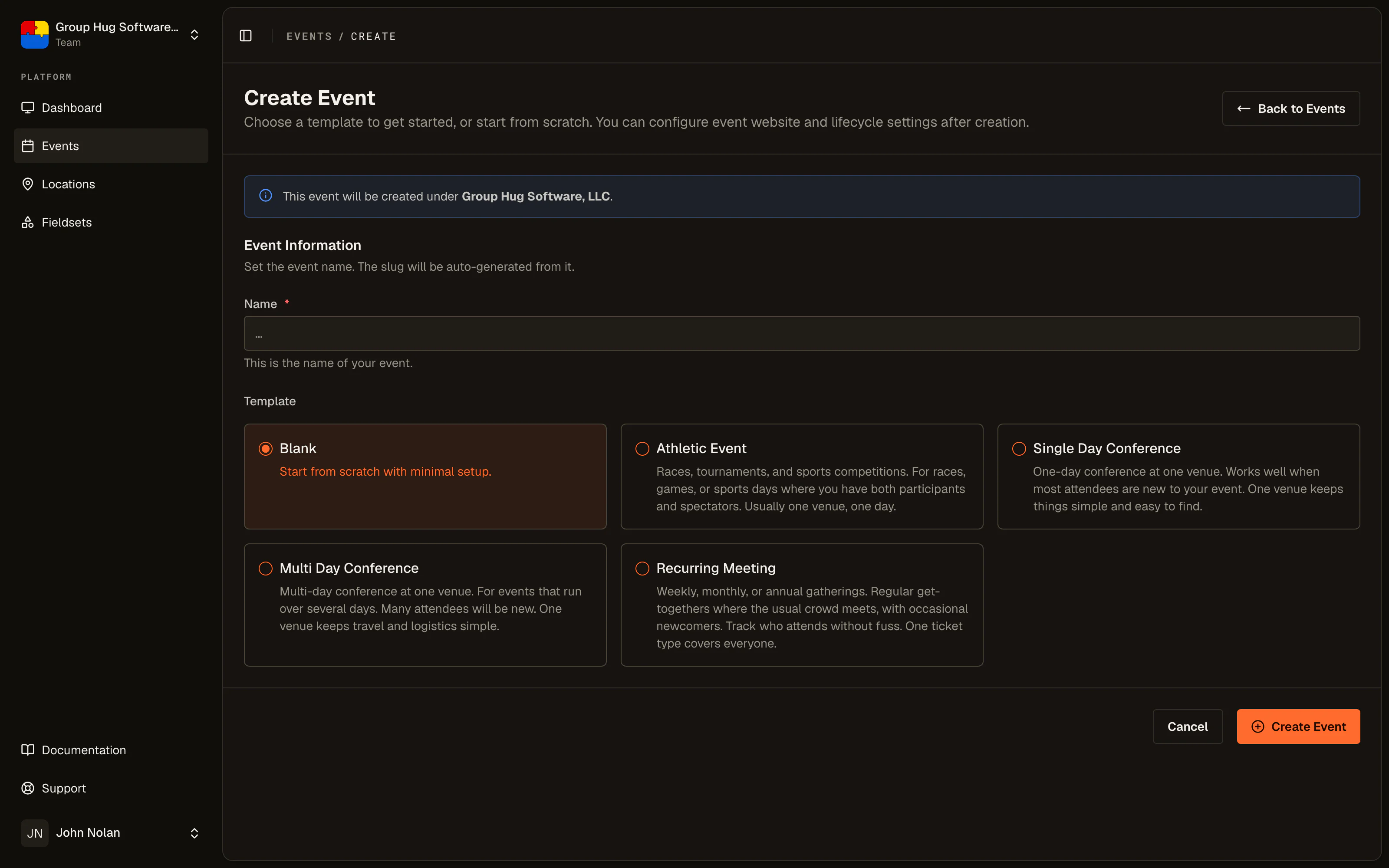 The create event form, showing the name field and the template picker