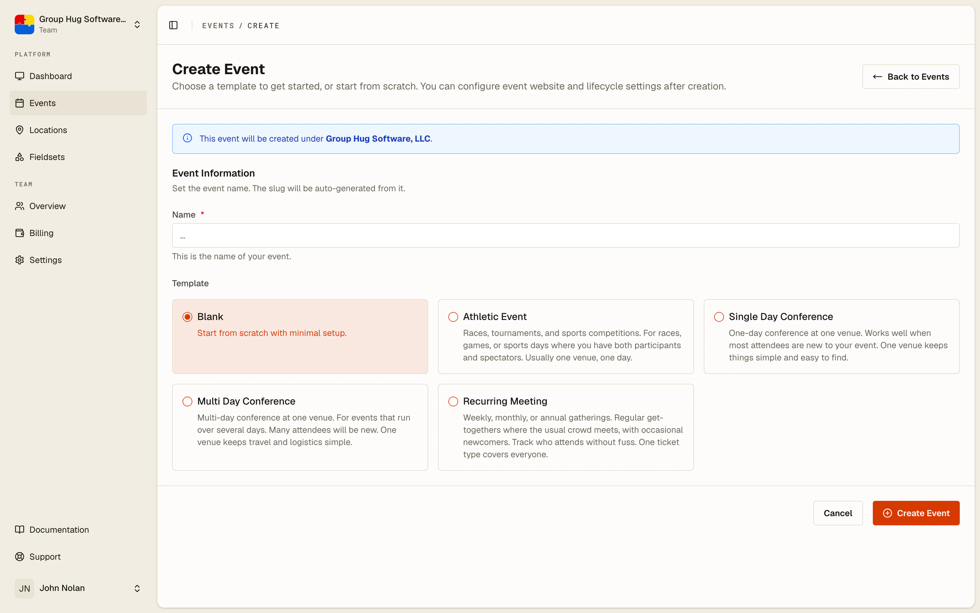 The create event form, showing the name field and the template picker