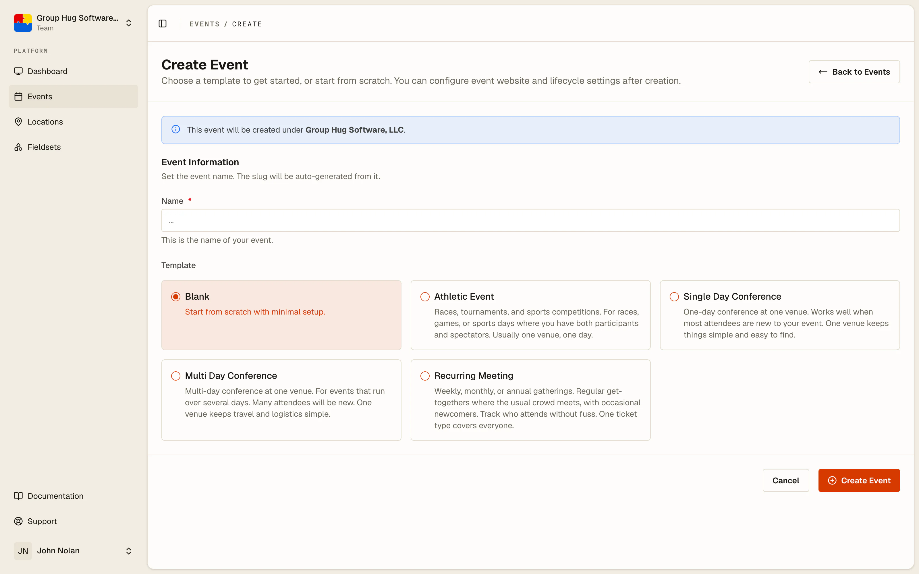The create event form, showing the name field and the template picker