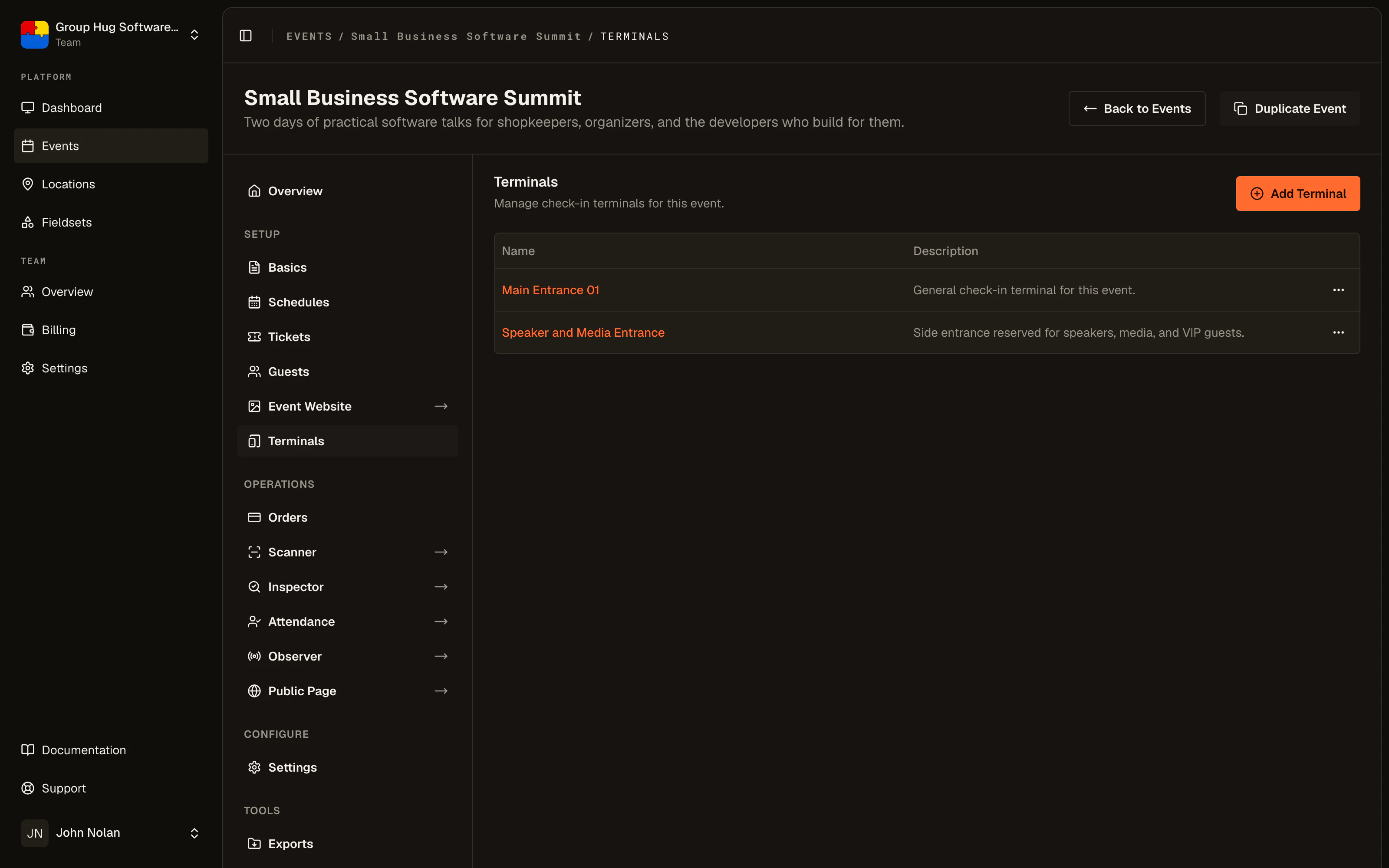 The terminals list for an event