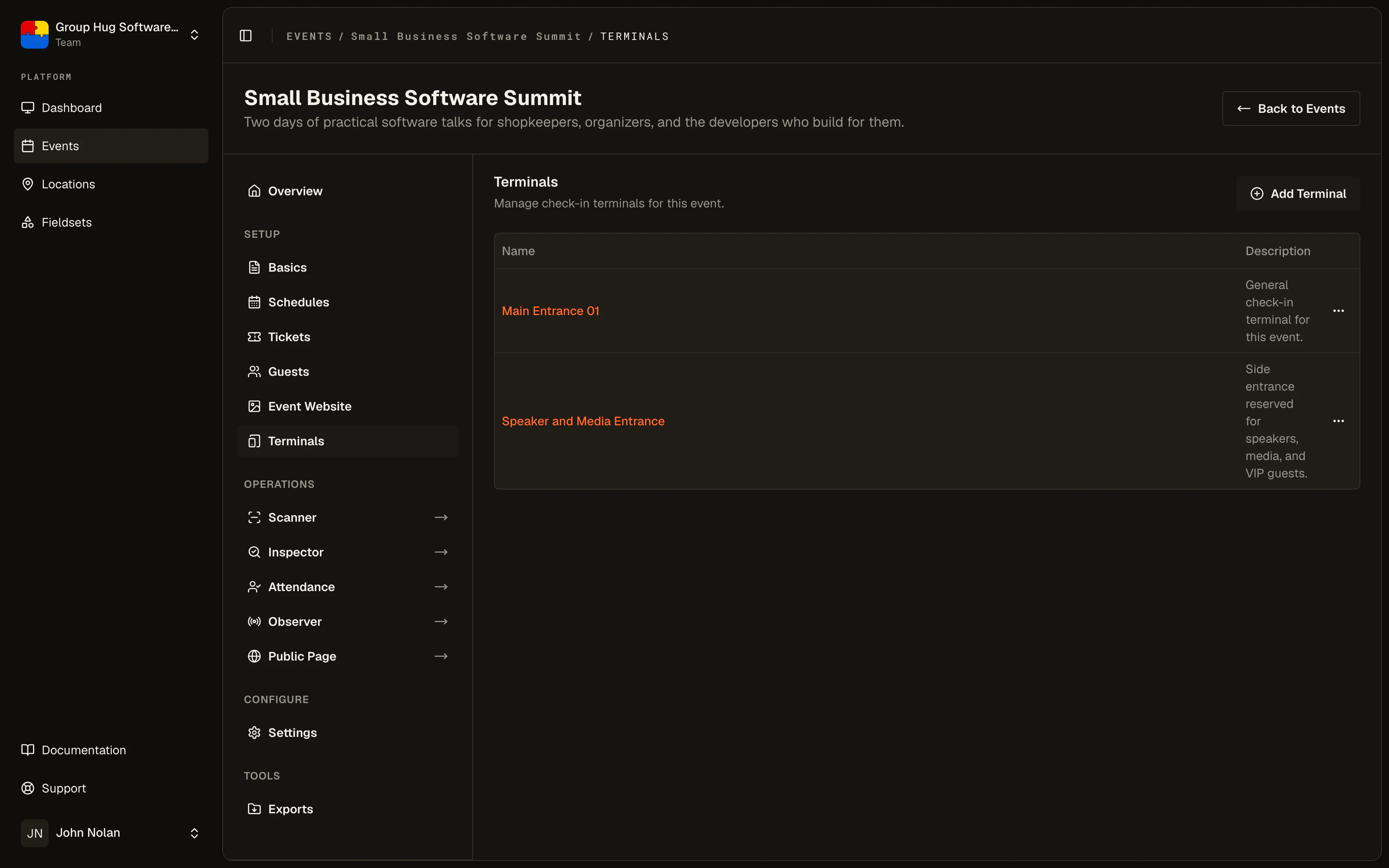 The terminals list for an event
