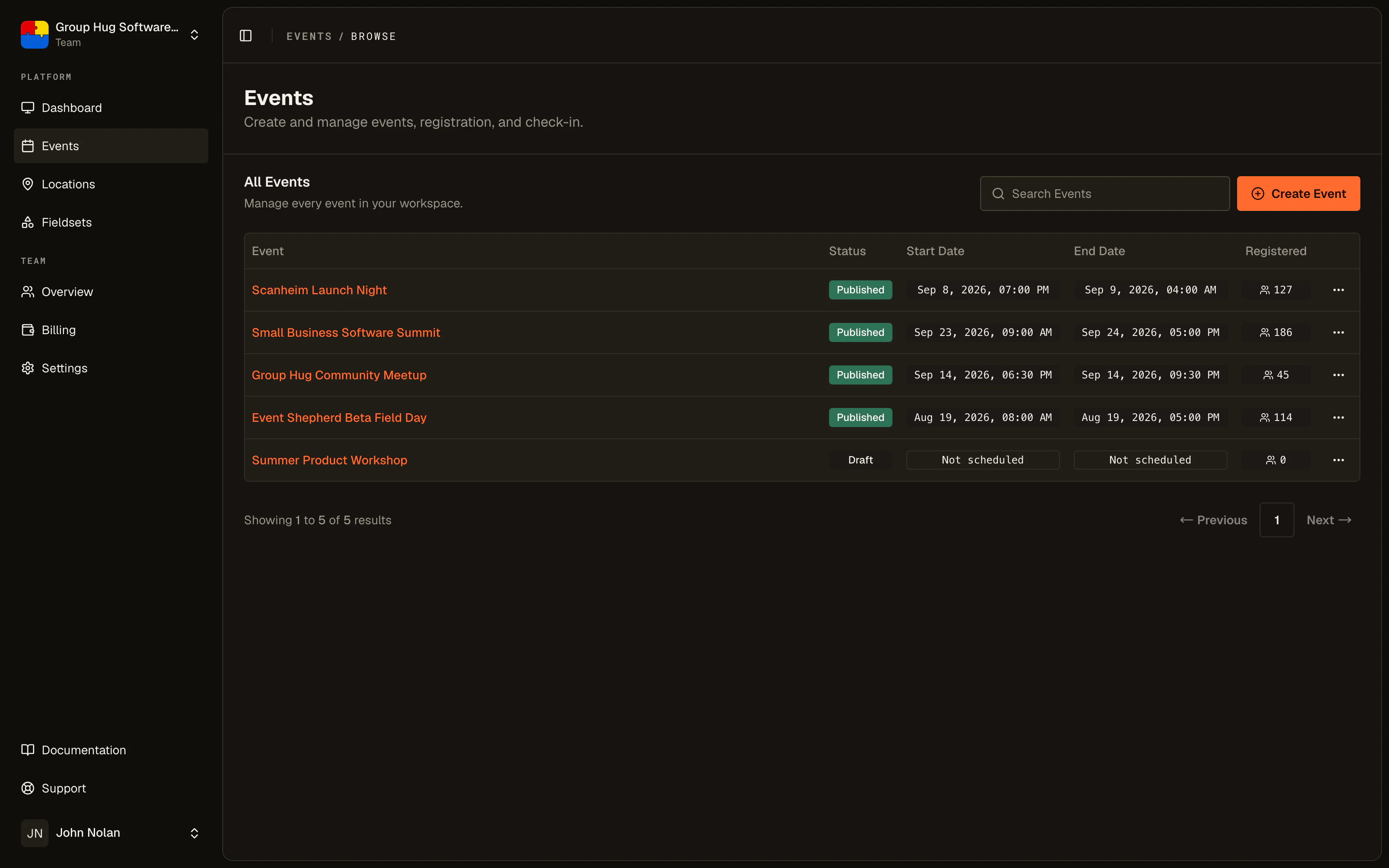 The events list, with the create button in the top right