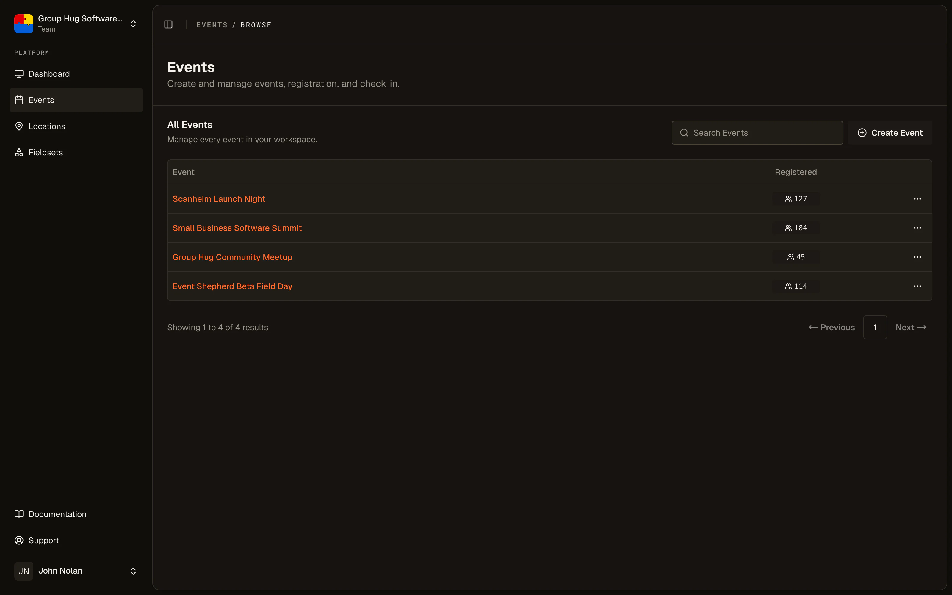The events list, with the create button in the top right