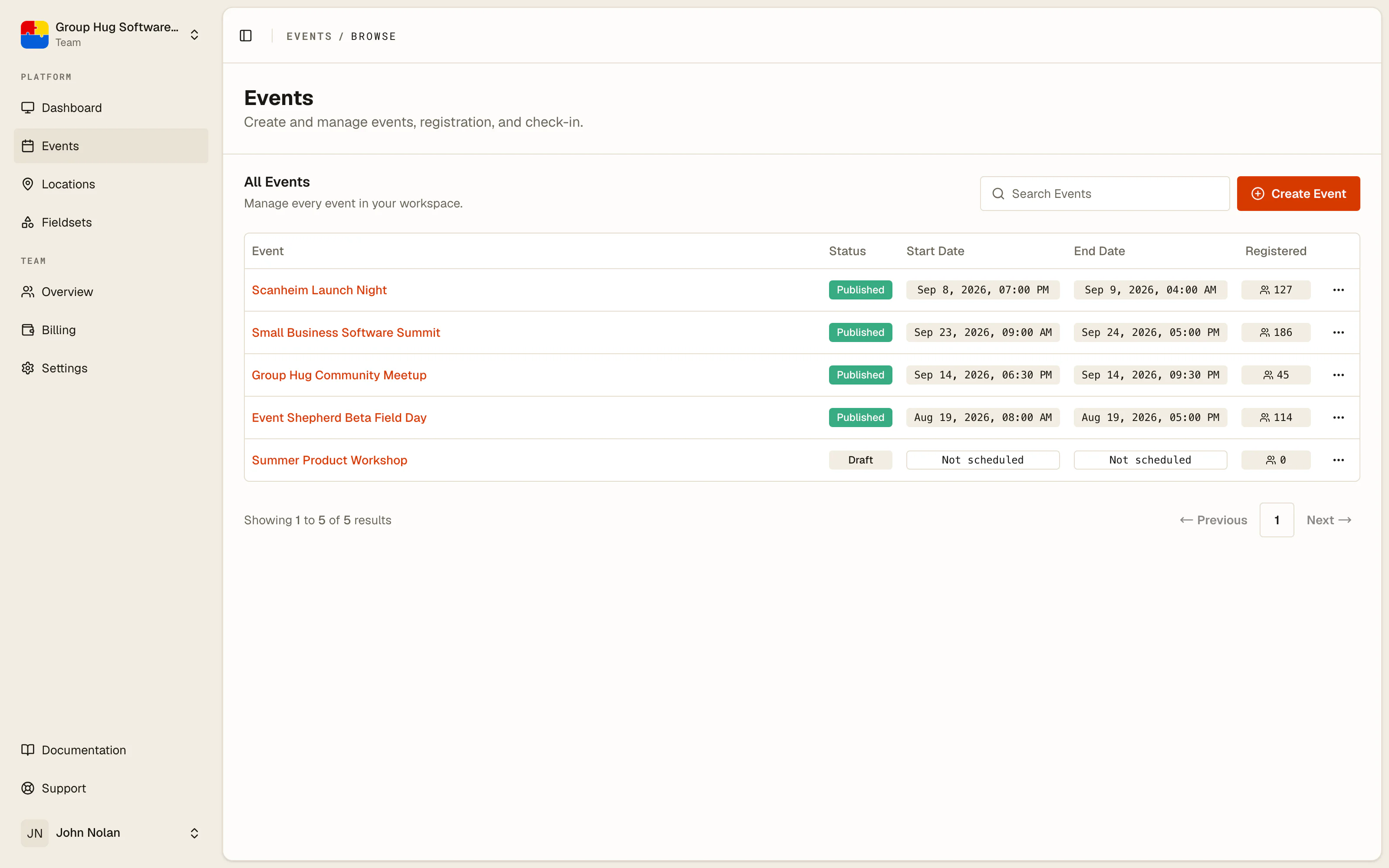 The events list, with the create button in the top right