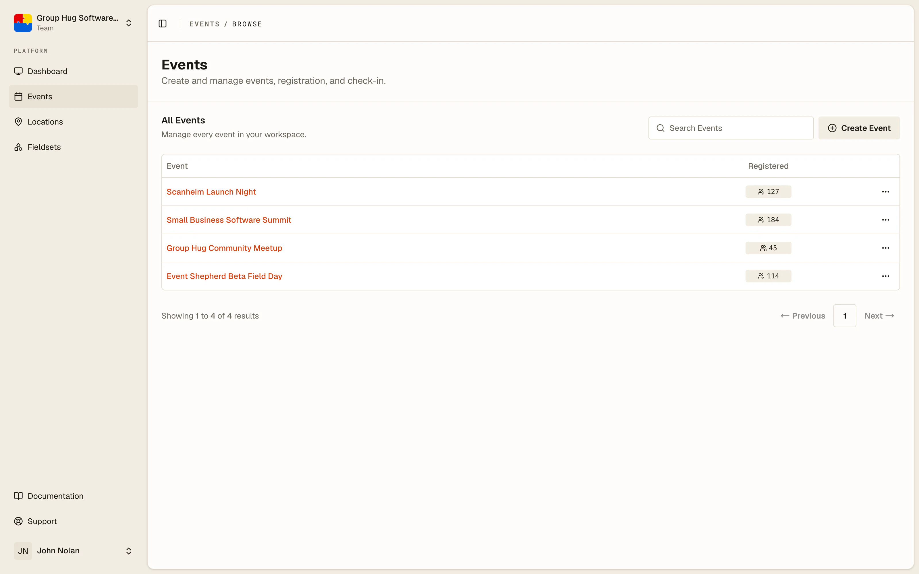 The events list, with the create button in the top right