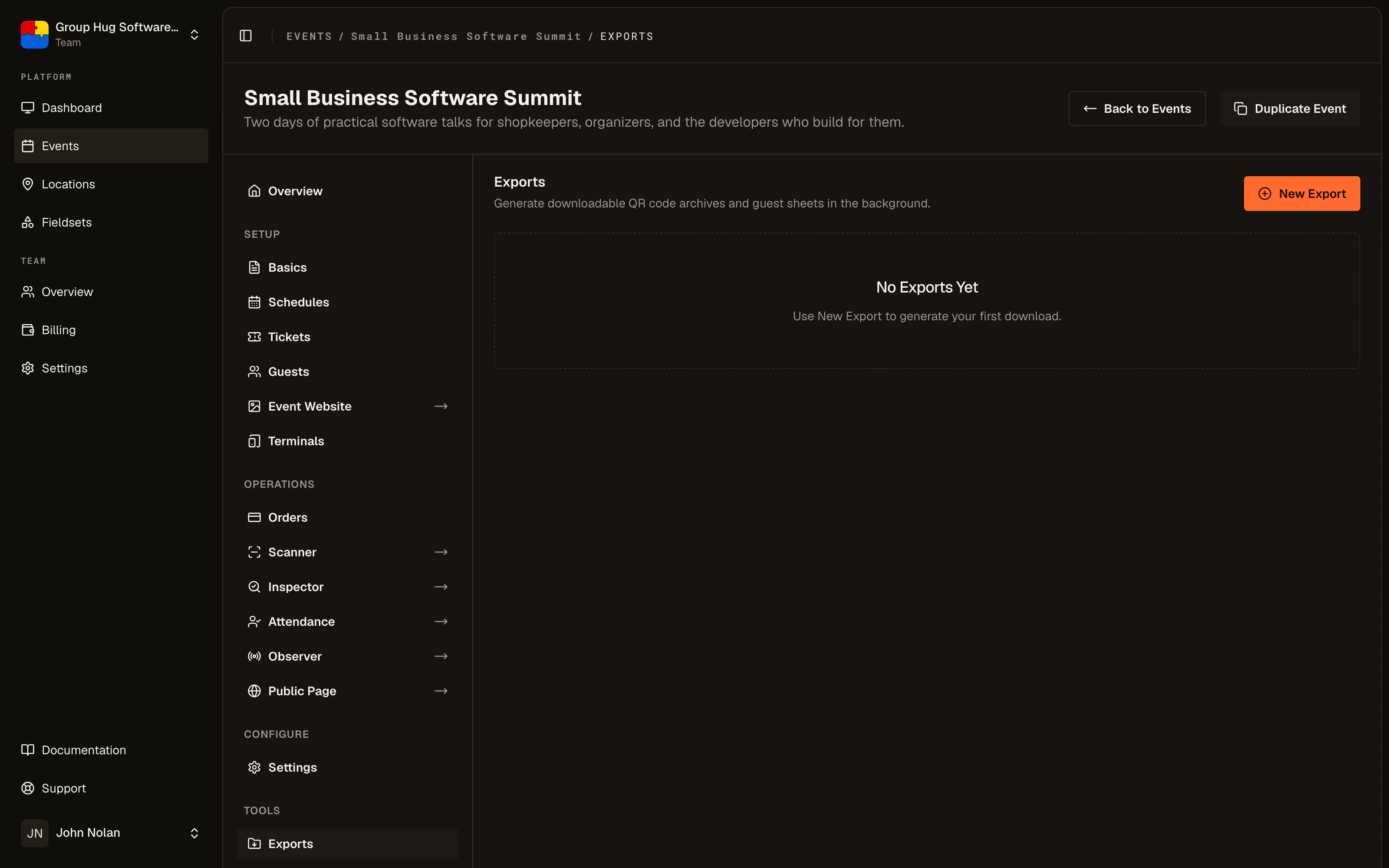 The exports page for an event
