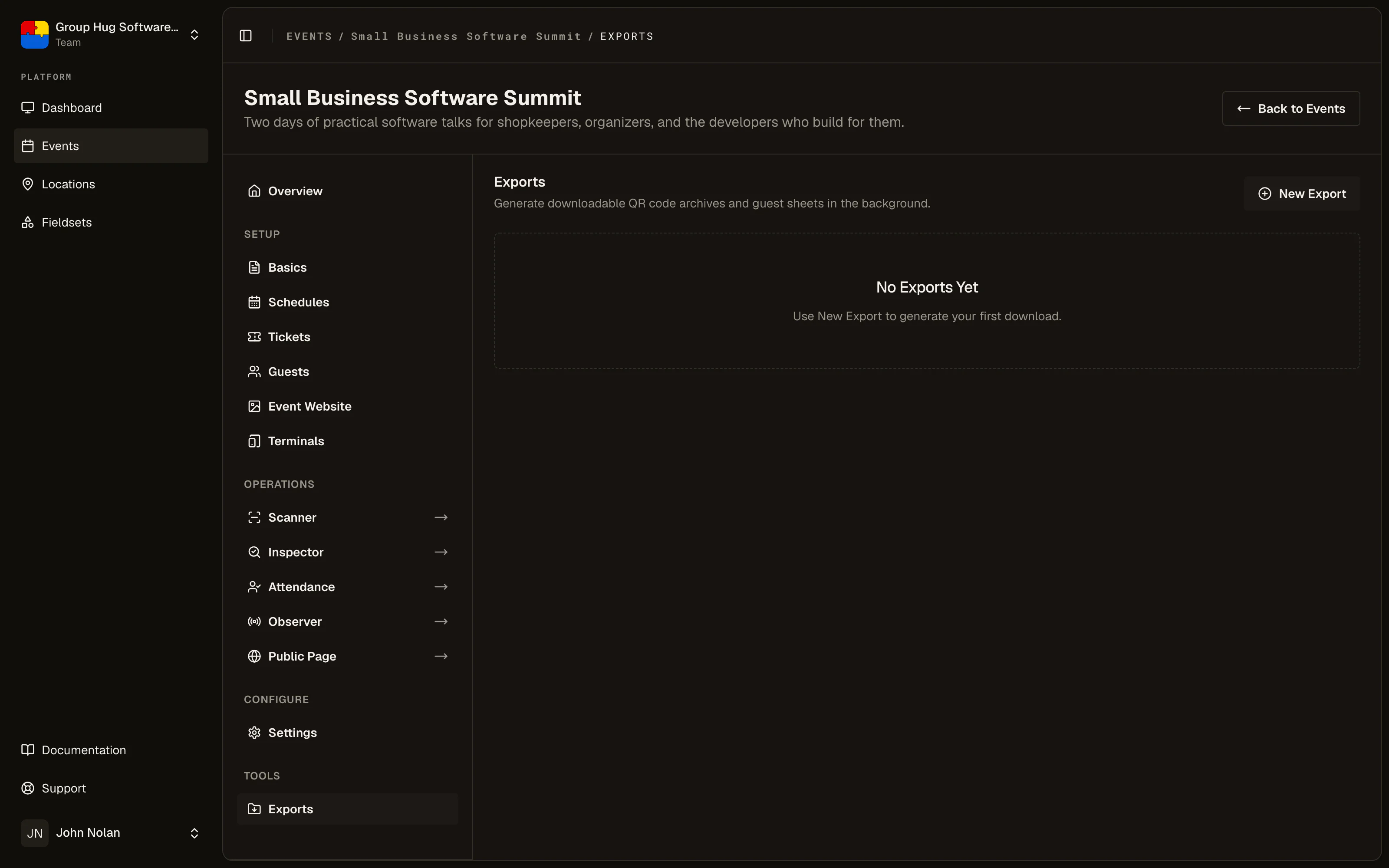 The exports page for an event