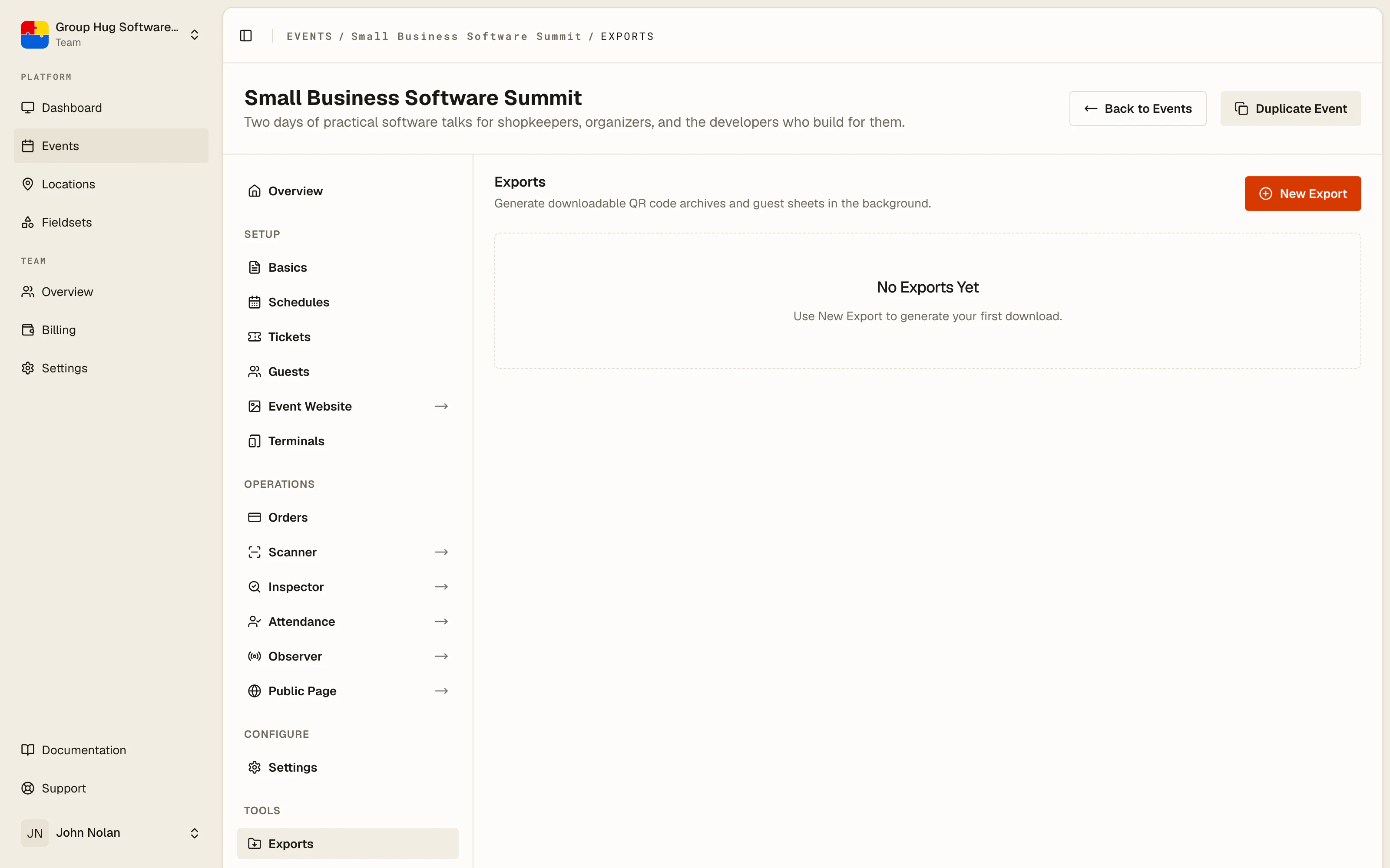 The exports page for an event