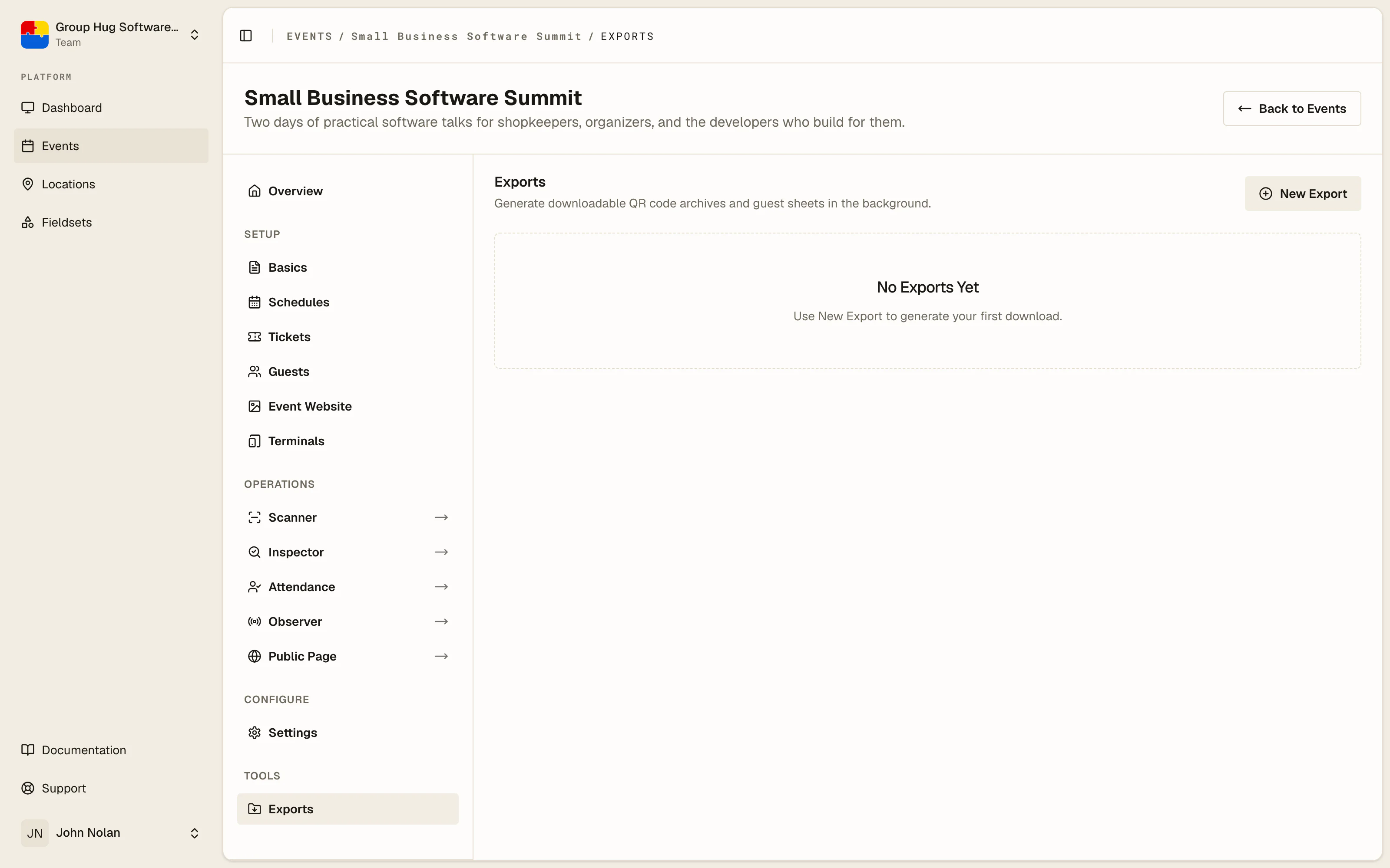 The exports page for an event
