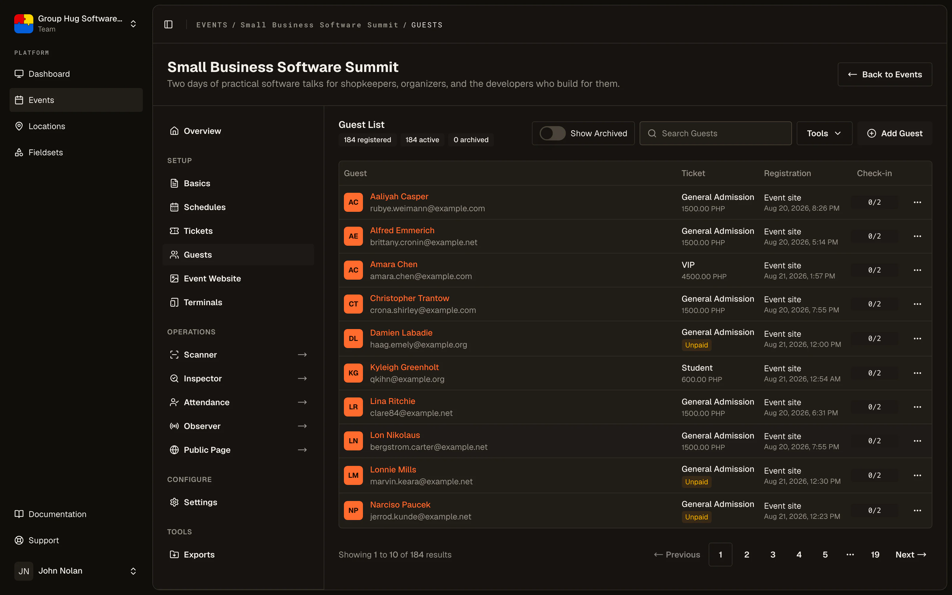A guest list showing each ticket sale, payment status, and check-in state