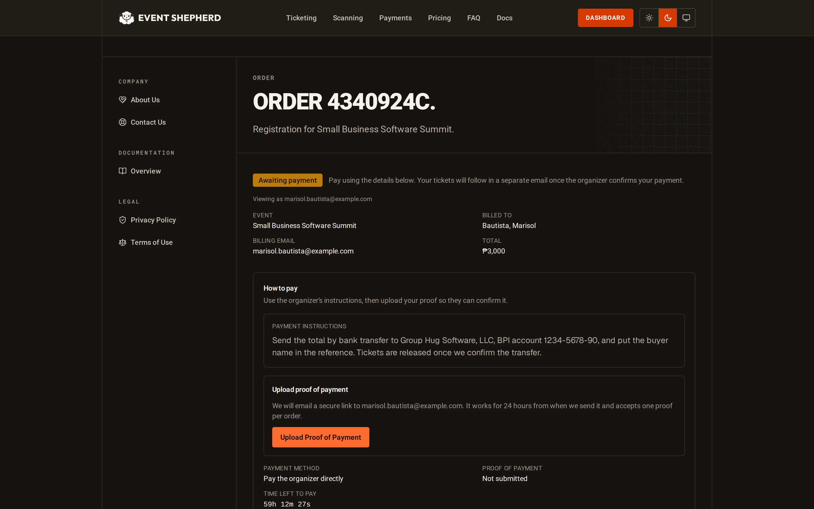 The buyer's order page while an offline payment is pending