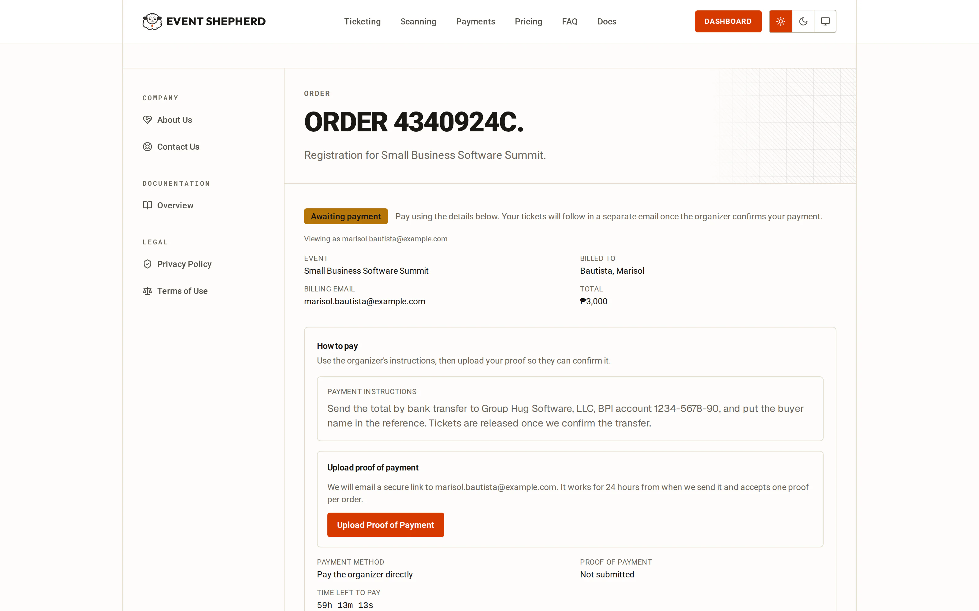 The buyer's order page while an offline payment is pending