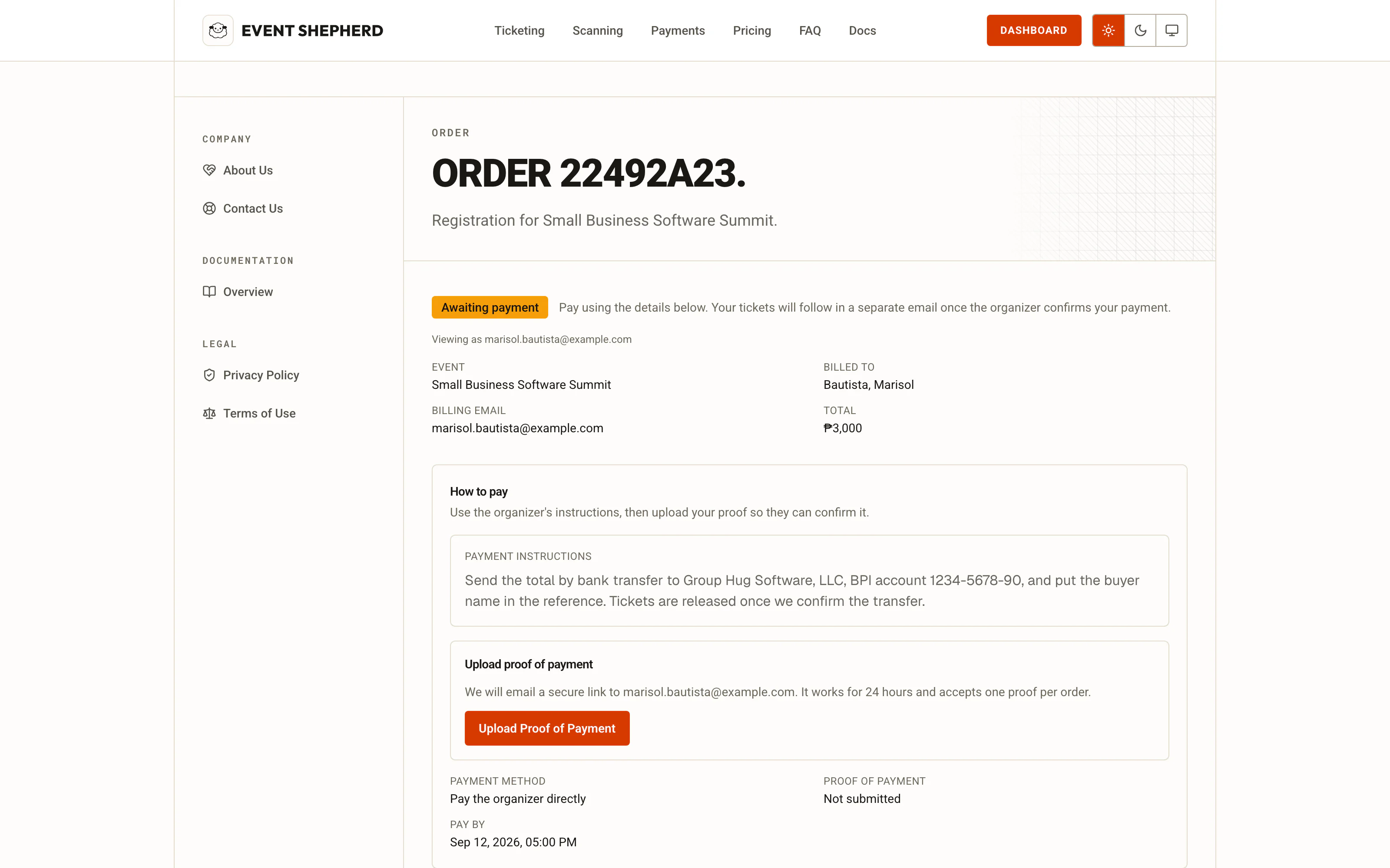 The buyer's own order page