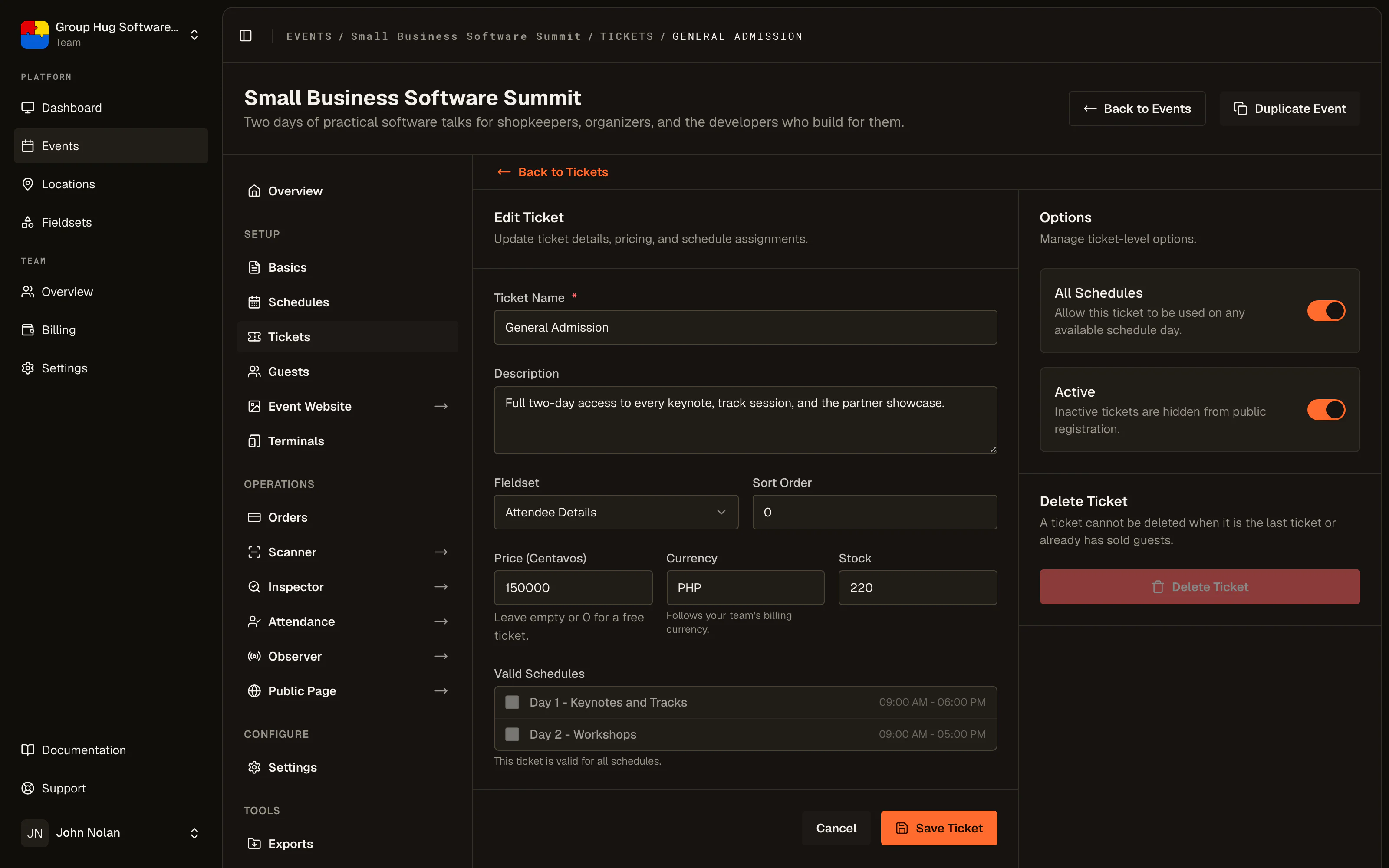 The ticket tier editor