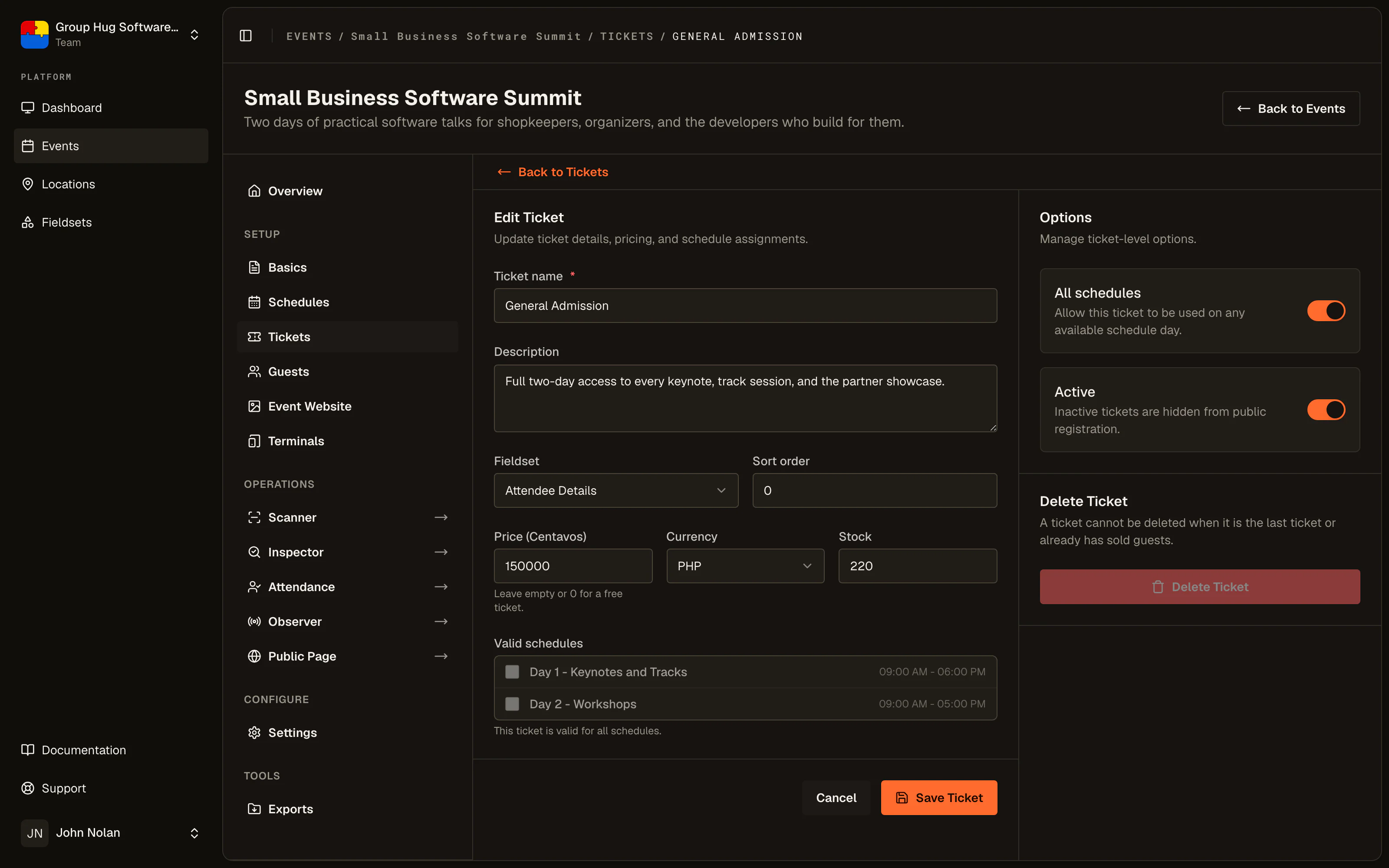 The ticket tier editor