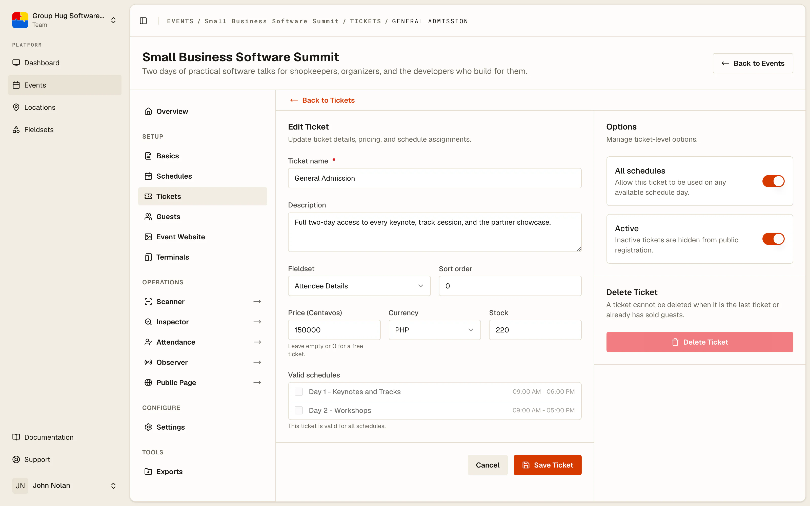 The ticket tier editor
